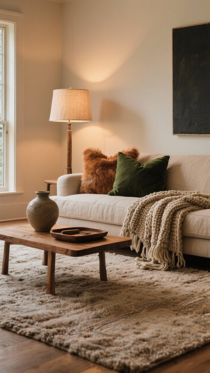 Wide living room shot: a cohesive palette of oatmeal, caramel, deep green, and charcoal. A cotton/linen sofa in warm neutral with layered textures—chunky knit throw, faux fur pillows, and bouclé cushions. A soft area rug anchors the space. On a wood tray atop a natural wood coffee table sits a ceramic vase; a linen lampshade glows softly. Keep clutter minimal, textures mixed (soft, nubby, chunky, smooth), warm evening light.