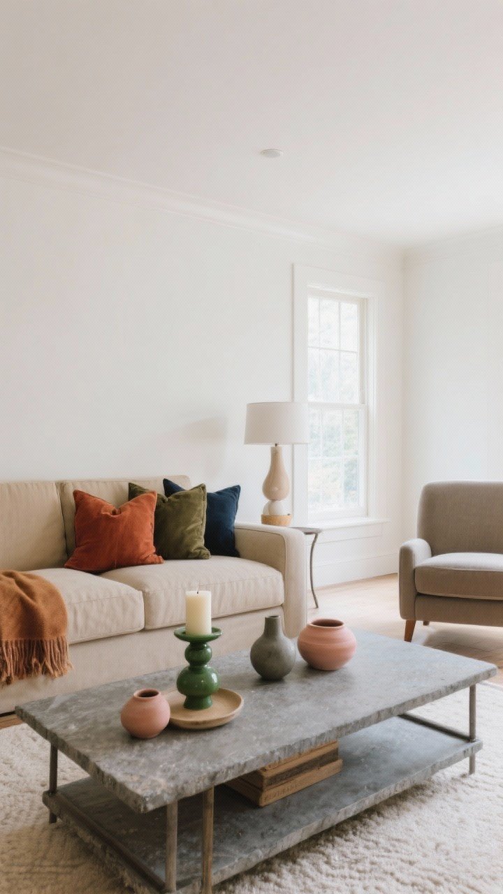 Wide living room shot: earth-toned palette that calms—walls in warm white/pale greige with no blue undertones; big pieces in oatmeal, camel, and mushroom gray (sofa and armchair); accents in rust, olive, charcoal, and inky navy via pillows and a throw; a moss-green candle holder on the coffee table; stony gray ceramics and clay-blush accents; balanced, grounding mood under soft natural light.
