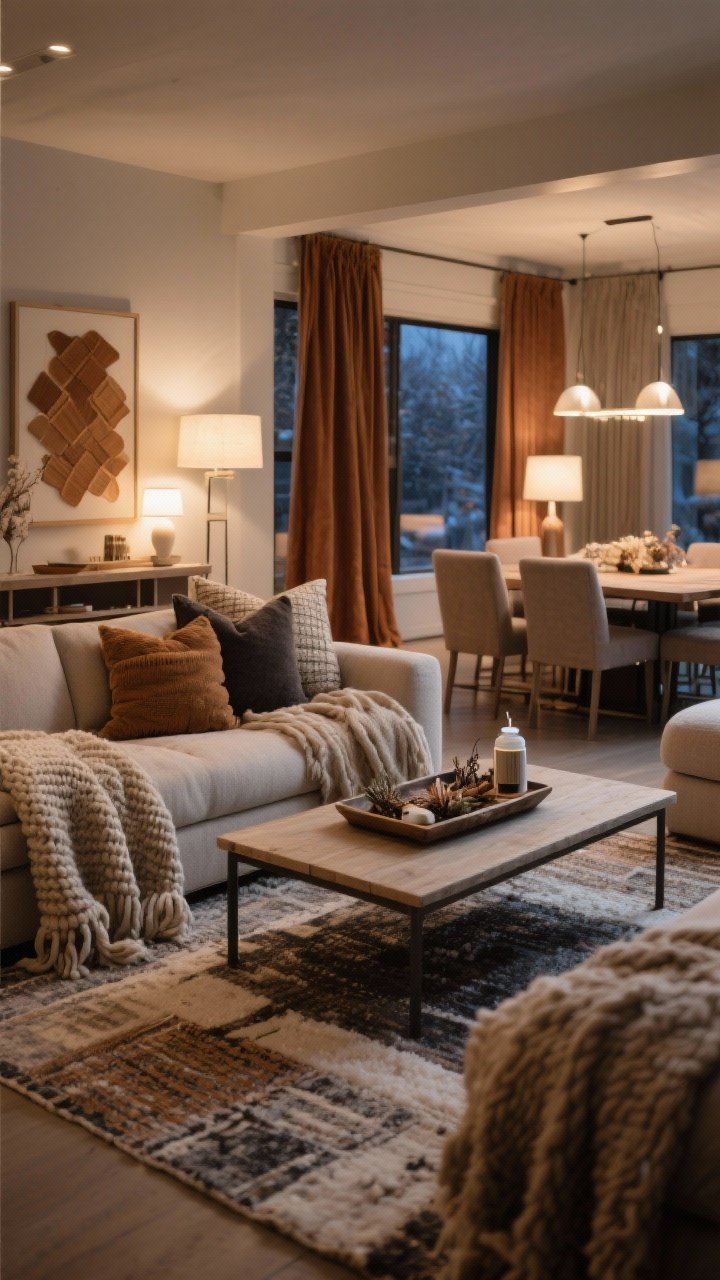 Wide living room shot for the conclusion: a cohesive winter-transformed space showcasing strategic swaps—chunky textured blankets in warm neutrals, moody mixed-texture pillows, layered curtains in warm-toned neutrals, multiple warm-white light sources, a styled tray vignette with natural elements, layered rugs, a discreet diffuser on a shelf, seasonal art with warm mats, and a softly lit dining table visible beyond; intentional layers, uncluttered, photorealistic evening ambiance, no people
