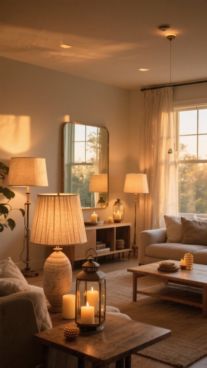 Wide living room shot lit like golden hour: multiple warm, low-level light sources—table and floor lamps with 2700K–3000K bulbs, pleated and linen lamp shades, a lantern-style lamp on a console; beeswax candles in ceramic holders creating an extra layer of glow; sheer curtains diffusing late-afternoon light, a mirror placed opposite the window to bounce it around; natural wood furniture and soft textiles present but secondary; overall scene glows with layered warmth, no ceiling lights on; straight-on composition to showcase the lighting strategy.