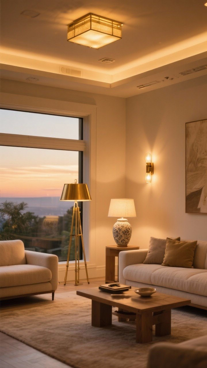 Wide living room shot showcasing warm lighting: bulbs set to 2200K–3000K, layered illumination with a brass floor lamp, a ceramic table lamp, and wall sconces; overhead lights dimmed via smart dimmers at sunset; golden ambience washing over neutral furnishings; balanced composition with visible lamps but no harsh glare.