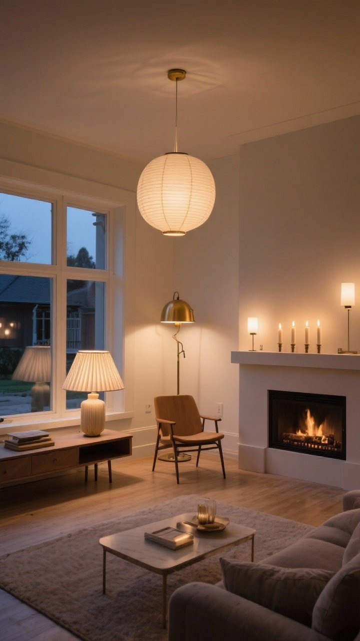 Wide living space at dusk: layered lighting with four sources—table lamp with pleated shade on a console, a paper lantern pendant softly diffusing above, a brass floor lamp by a chair, and staggered candles on a mantel; all bulbs warm white 2700–3000K on dimmers; lights placed at different heights to avoid harsh shadows; Scandinavian-leaning simplicity, inviting glow.
