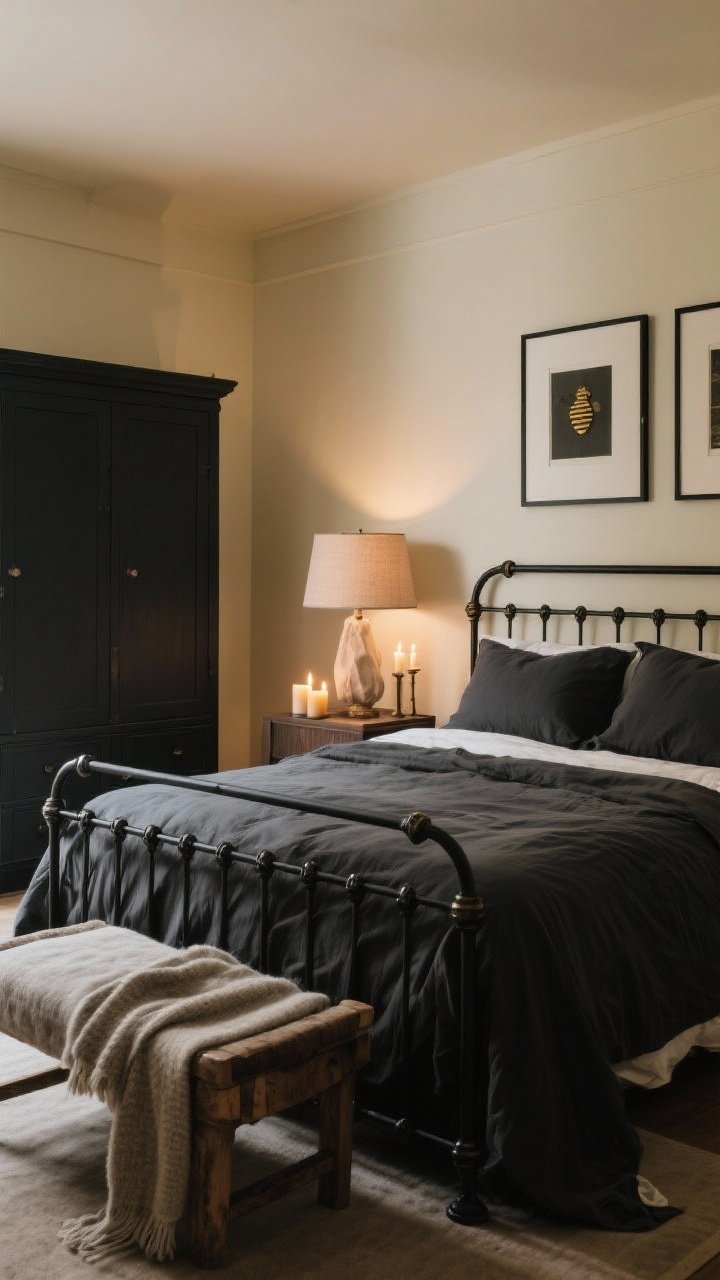 Wide moody bedroom shot: buttery cream walls and putty undertones, a black iron bed with charcoal bedding, a charcoal cabinet, dark picture frames; beeswax candles flickering, linen lampshades, warm 2700K bulbs; layered textures (linen, wool, wood) ensuring rich contrast between light and dark.