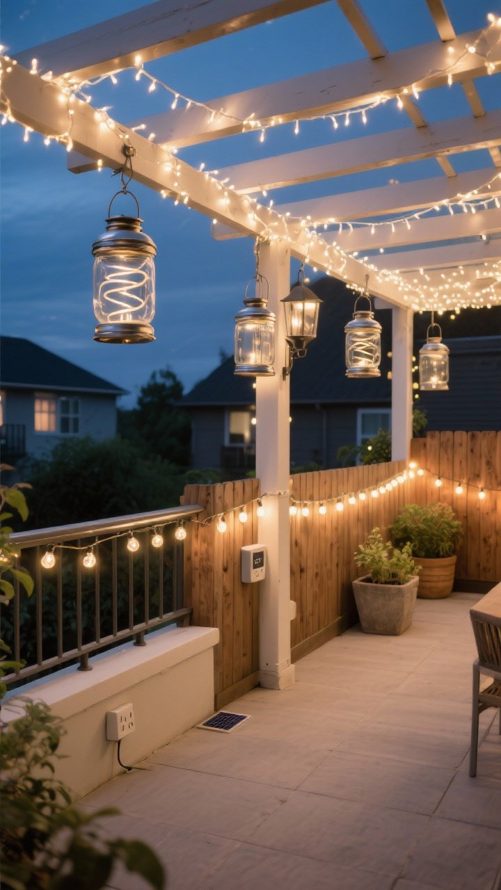 Wide outdoor patio/balcony at dusk with weather-rated fairy lights: warm white strands wrapped around pergola rafters and balcony rails for structured glow; mason jars and metal lanterns hung at varying heights with coiled lights inside; a clean run of lights along the top of a wooden fence outlining the space; note IP65-level fixtures, covered plug connections, and a solar-powered strand tucked near planters; inviting nighttime retreat, no people.