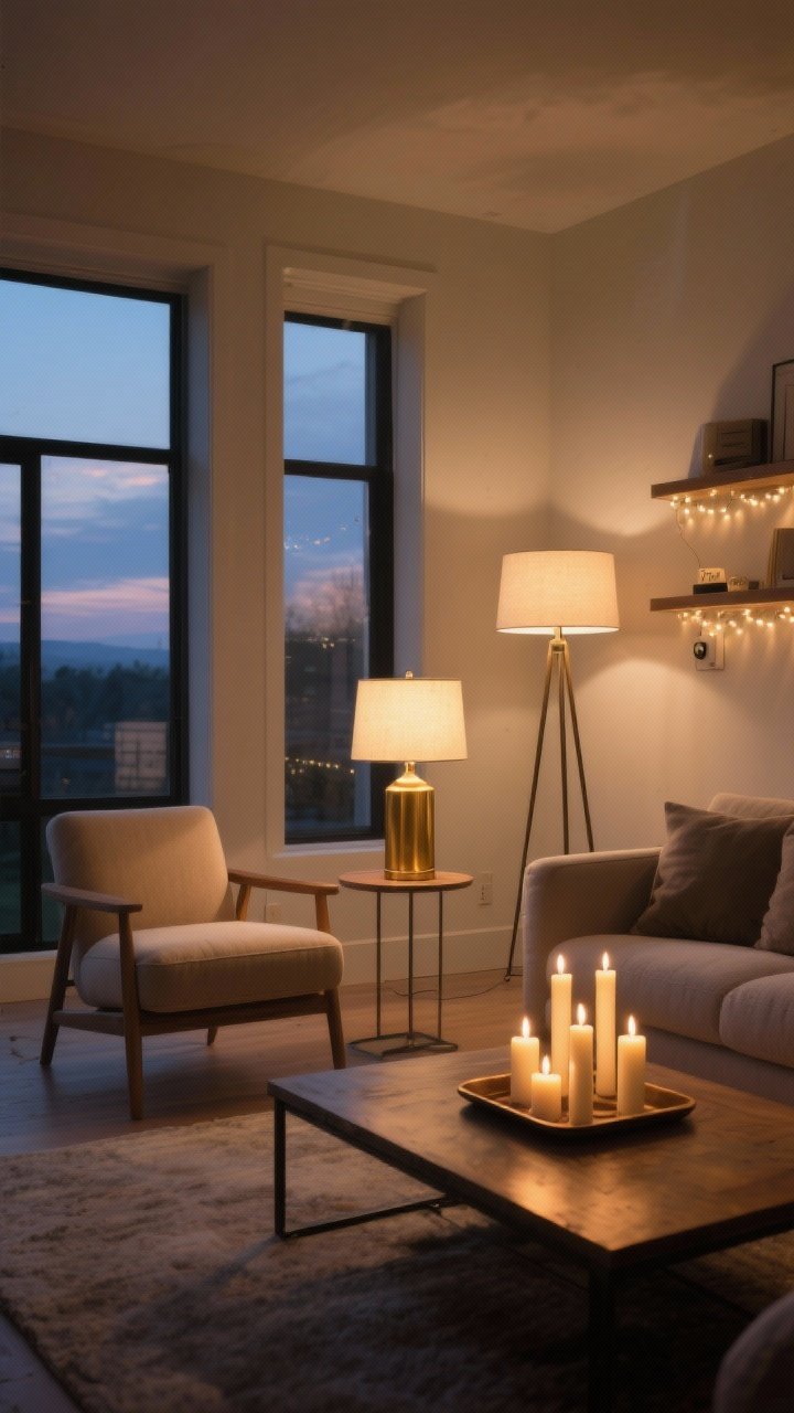 Wide room shot at dusk: a living room with three light sources—a brass table lamp on a side table, a slender floor lamp near a chair, and a cluster of unscented tapered candles on a tray atop the coffee table; bulbs set to warm 2700K–3000K glow; optional subtle string lights along a shelf; cozy, low-glow ambiance, smart plug lamp implied (no people), photorealistic.