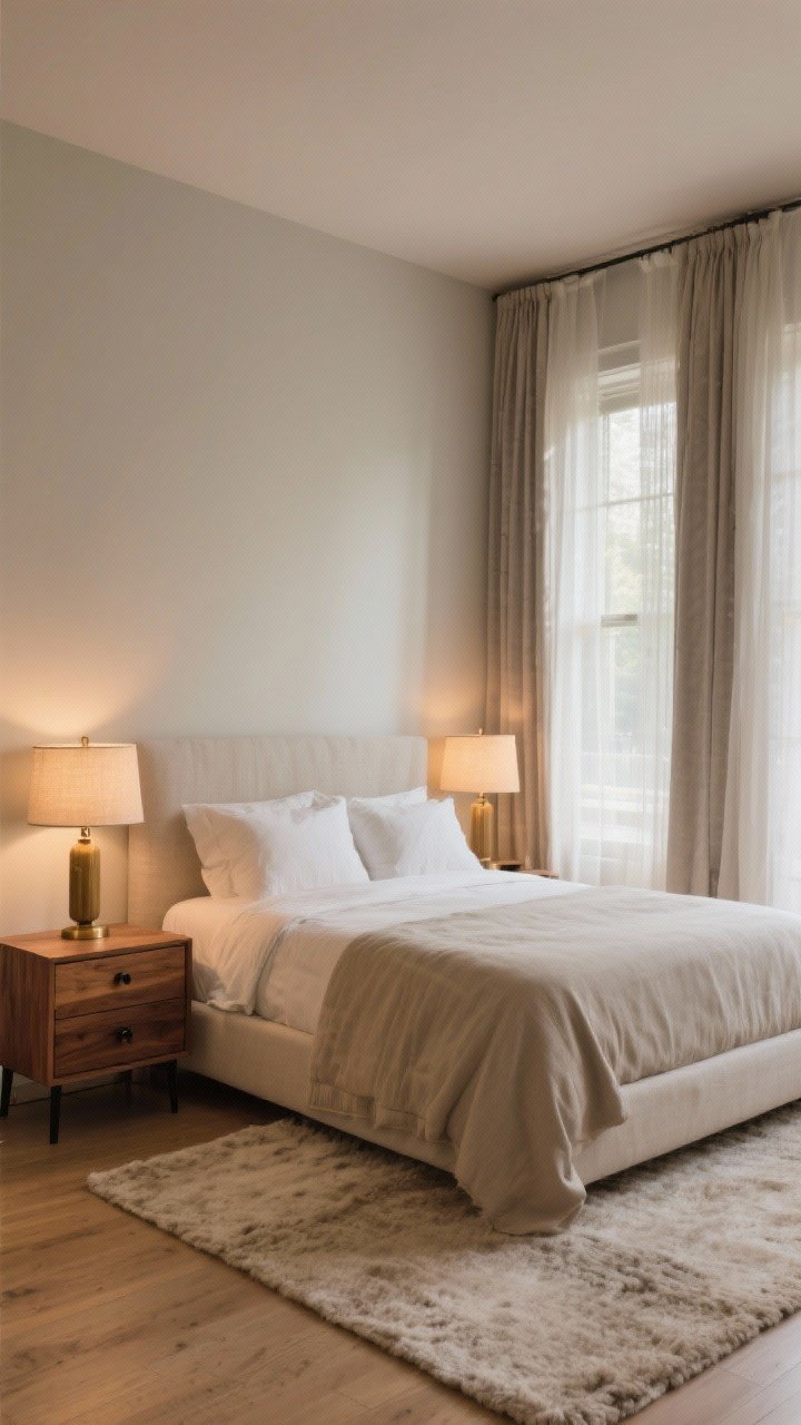 Wide room shot capturing warmth with materials and lighting: neutral bed centered with calm bedding, flanked by walnut or oak nightstands with visible grain; soft-glow lamps with linen shades on each side, bulbs at 2700K–3000K casting warm pools of light; small accents of aged brass or matte black on drawer pulls and lamp bases; a plush low-pile neutral rug grounds the bed; sheer unlined drapery filtering daylight with blackout panels layered to the sides; overall cozy, tactile ambiance.