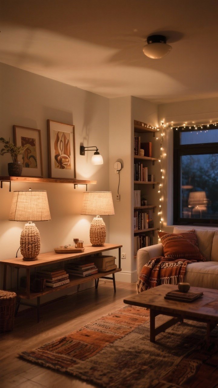 Wide room shot emphasizing warm layered lighting: overhead lights off, two table lamps with woven or linen shades casting a soft 2700K glow, a plug-in sconce framing a shelf with art, and subtle string lights tracing along a bookcase; cozy boho living room with neutral base and rust accents, dimmer-controlled ambiance, evening mood lighting, photorealistic, no people.