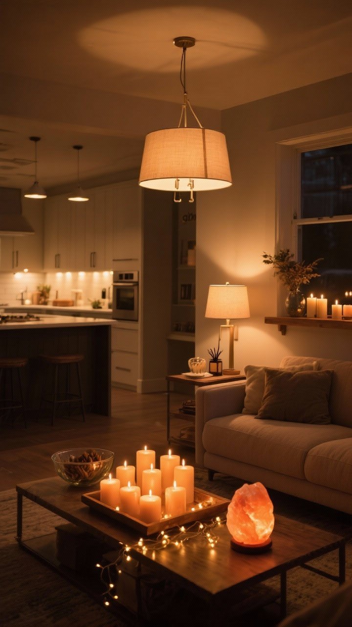 Wide room shot: Living room evening scene lit only by layered warm light sources—ambient dimmable shaded pendant with 2700K bulbs, a task reading lamp by the sofa, under-cabinet lights glowing softly in a visible kitchen pass-through, and a “glow” layer of clustered candles (mix of real and ember-colored LED) in odd-number groupings on a tray, plus fairy lights pooled in a glass bowl and a Himalayan salt lamp on a shelf; include a side note of cedar and vanilla candles for scent pairing; avoid overhead harsh lighting; warm, cozy mood with soft shadows and golden tones.