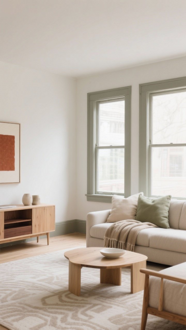 Wide room shot: soft, desaturated color story—warm white (greige-leaning) walls, oatmeal and mushroom textiles, gentle sage accents; a mix of light oak and walnut wood tones in furniture; a single accent color (rust) repeated subtly in a throw and small artwork; window trim painted one shade darker than the walls to frame the view; even, diffused natural light; minimal patterns; photographed straight-on to highlight the cohesive palette.