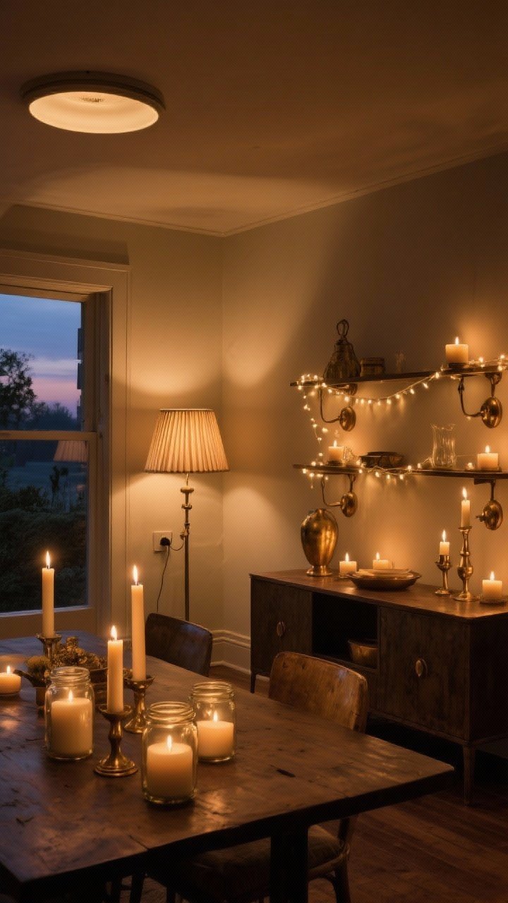 Wide room shot with layered candlelit-dusk lighting: no overhead light; multiple warm light sources at 2700K—table lamp with pleated fabric shade on a sideboard, plug-in wall sconces, string lights draped along a shelf; beeswax tapers on a dining table and jar candles on a console; dim, golden tone throughout; aged brass accents subtly glinting; cozy, moody evening ambiance.