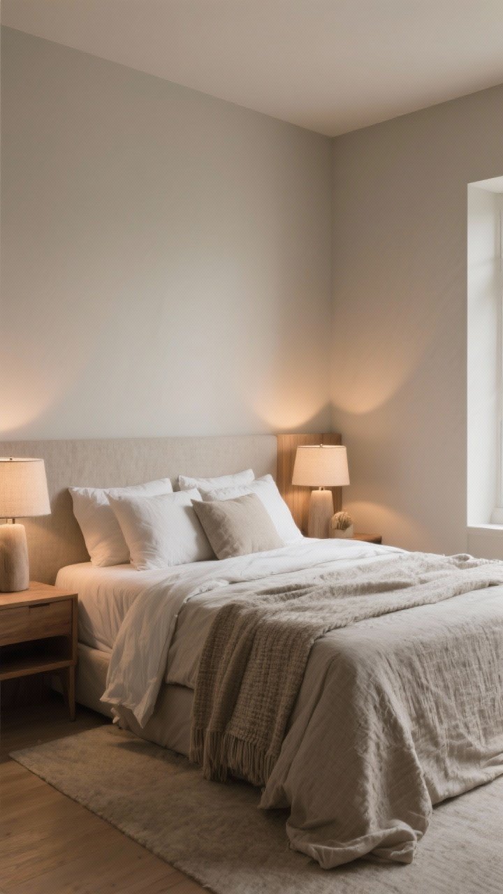 Wide, serene bedroom shot that encapsulates the conclusion mood: a neutral, texture-rich bed as the canvas with layered materials, thoughtful palette, and intentional styling; warm bedside glow from linen-shaded lamps at 2700K, subtle shadows enhancing depth; no repainting or major furniture changes—just cohesive neutrals, wood warmth, and soft textiles; photorealistic calm atmosphere inviting rest, no people, balanced composition from a corner perspective.