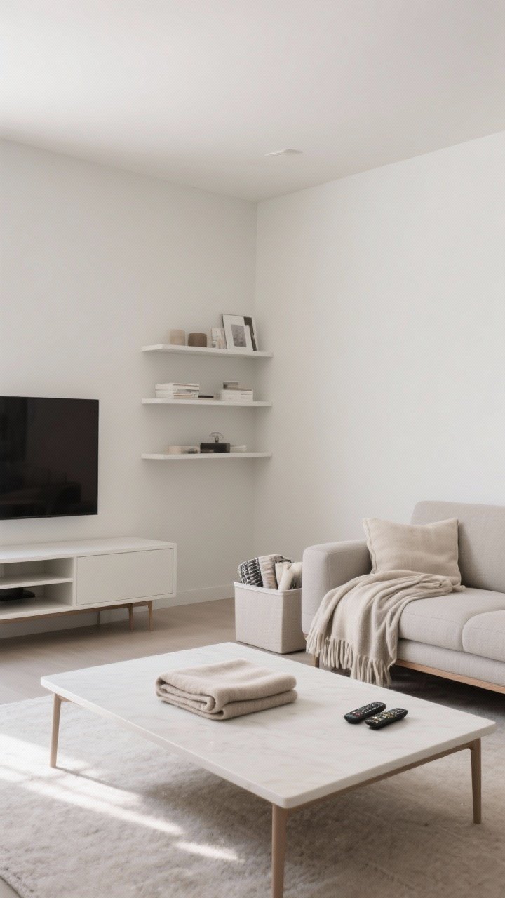 Wide shot: A mindful minimalist living room mid-edit, showing distinct decluttering zones—coffee table, media console, sofa, and shelves—each partially cleared. The coffee table holds only a single folded throw and a small stack of remotes ready to be stashed; the media console top is mostly empty with space emphasized; the sofa shows one neatly draped favorite blanket while two other throws are tucked into a visible storage bin beside it; shelves have 30–40% fewer items, leaving negative space. Neutral walls, calm natural daylight, clean lines, no harsh lighting, focus on the sense of breathing room and an organized, gentle clear-out without ruthlessness.