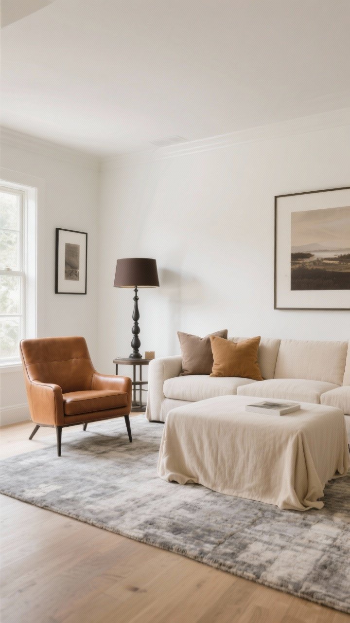 Wide shot: A serene living room in warm neutrals featuring soft white walls, oatmeal beige sofa slipcovers, stone gray area rug, and soft camel accents; taupe pillows and a caramel leather accent chair add warmth, with depth from charcoal or espresso picture frames and a dark metal lamp base; gentle northern daylight balanced by warm ivory wall tones; clean lines, minimal clutter, photorealistic.