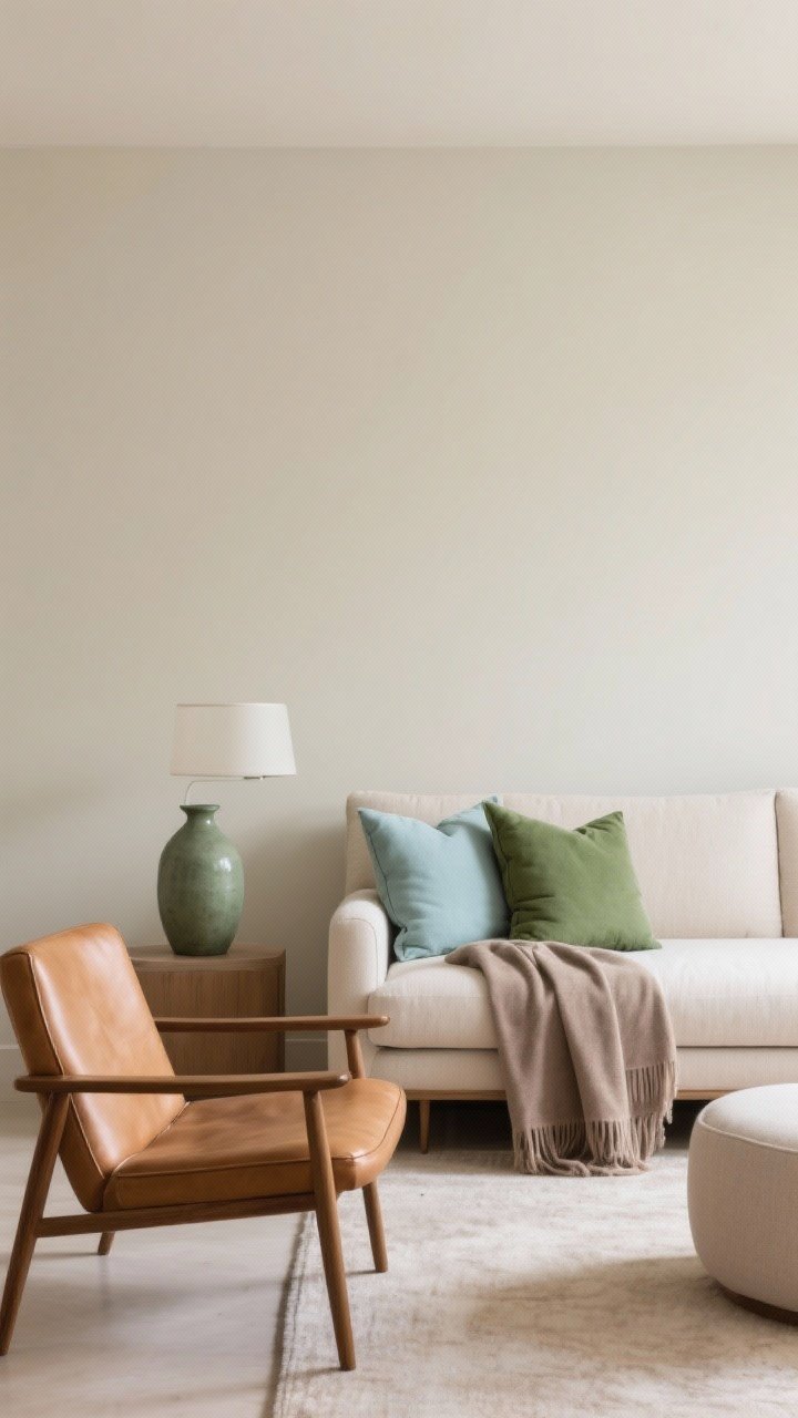 Wide shot: Calm color psychology lounge—oatmeal walls, camel leather chair, taupe throw over a linen sofa; cool accents of sage green and pale blue in pillows and a vase; overall palette kept to 3–4 colors with one saturated soothing hue; balanced, soft natural light, photorealistic.