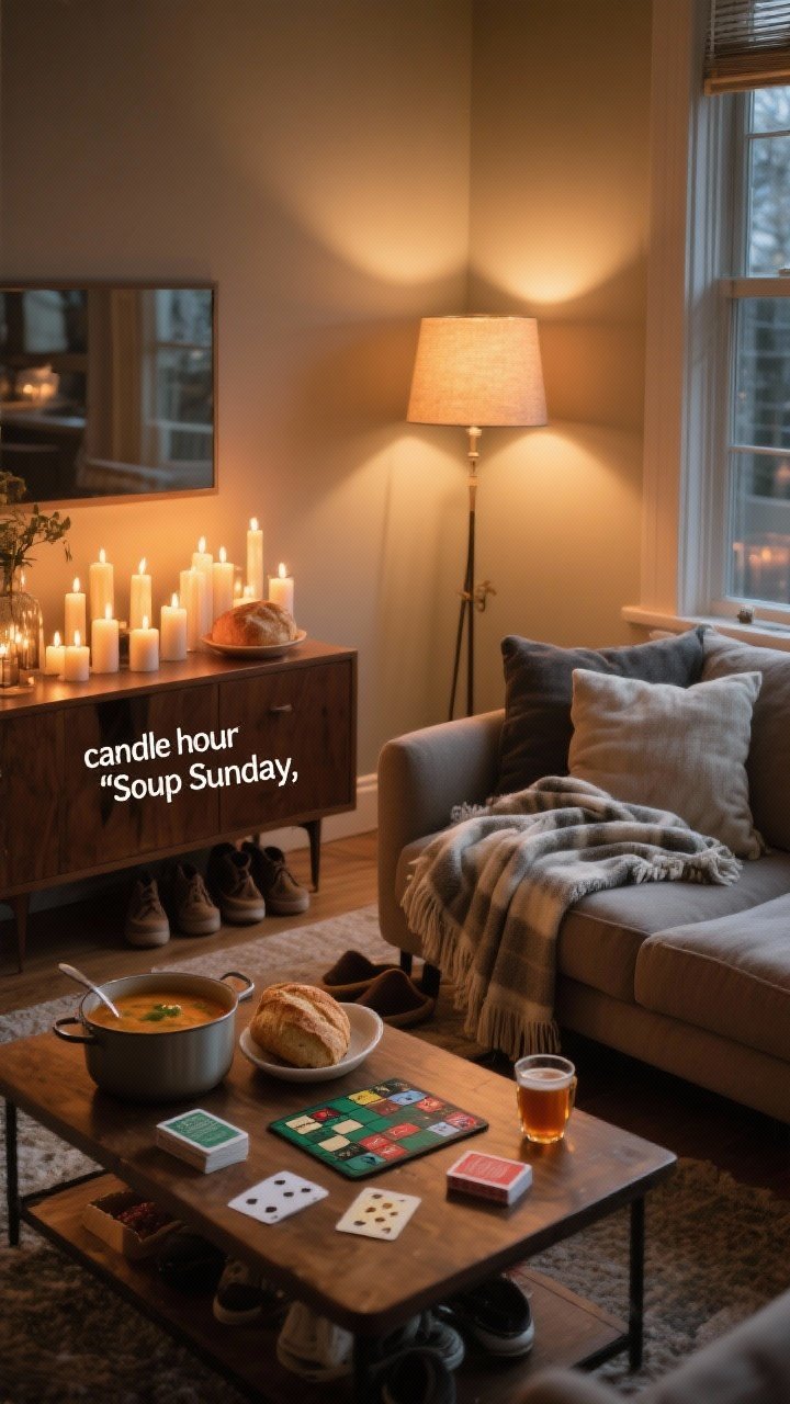 Wide shot capturing a weekly winter ritual at home: living room lights dimmed for “candle hour” with clusters of candles glowing, a pot of soup and crusty bread on a sideboard for “Soup Sunday,” a coffee table set up for game night with a deck of cards and hot cider, and a throw blanket draped over a sofa with a “shoes off, blankets on” vibe; warm, cozy atmosphere, no people, staged but lived-in feel