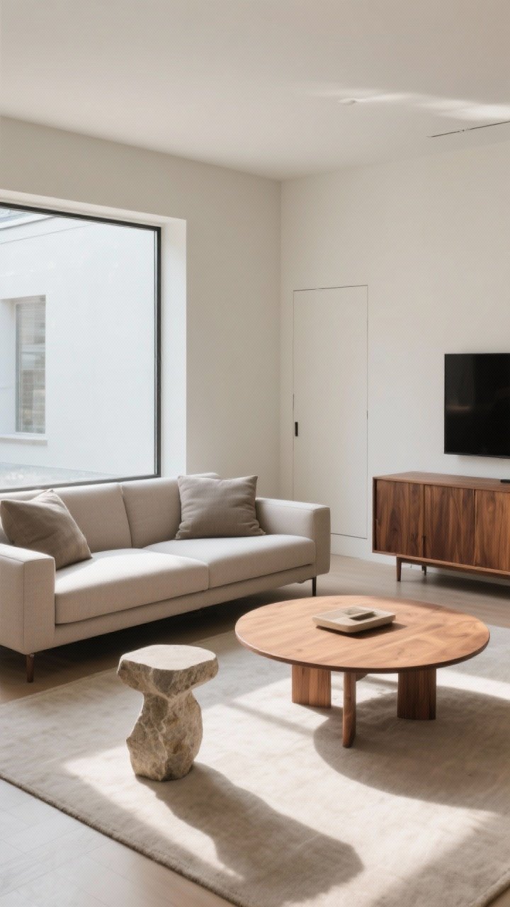 Wide shot from a corner angle: A minimalist living room showcasing fewer, better furniture pieces—a low-profile sofa with squared-off arms and tailored performance-fabric cushions, a simple round wood coffee table for flow, and a closed-door media console acting as a storage hero. Include one standout piece like a sculptural stone side table or a vintage walnut credenza for personality. Neutral palette with warm wood, uncluttered surfaces, soft afternoon light, and clear floor space for a solid, comfortable feel.