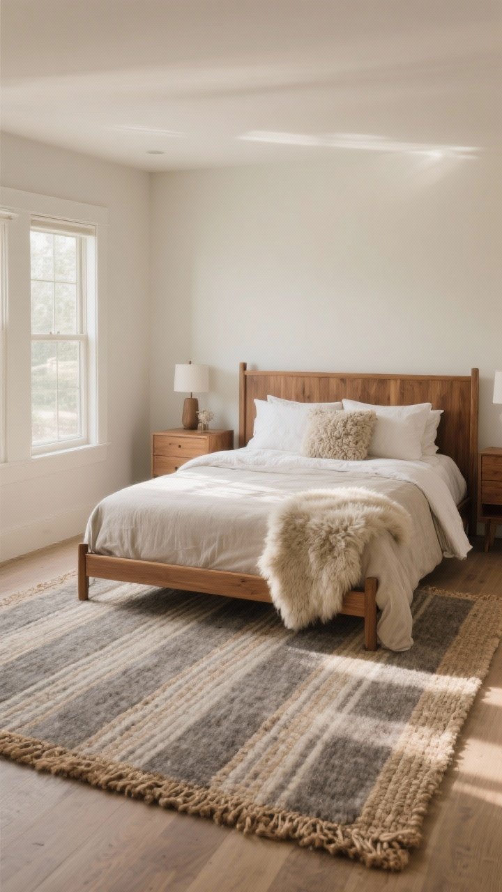Wide shot grounding the room with a rug: an 8x10 heathered wool-jute blend rug properly placed under a queen bed, extending 20 inches on each side; subtle low-contrast stripe pattern visible; a small sheepskin layered at the bedside for softness; warm wood furniture, neutral bedding, soft morning light, photorealistic, cozy and defined space.