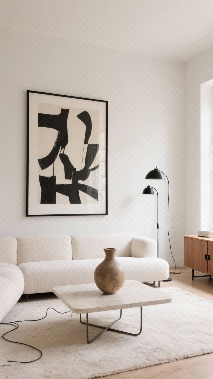 Wide shot: Minimalist living room styled like a mini gallery—one oversized statement artwork centered above the sofa, a single sculptural vase on the coffee table, and surfaces kept at least 30% clear. Repeat materials for cohesion: black frame on the art, black metal lamp, and black hardware on a nearby cabinet. Neutral palette with warm whites and natural textures; clean cords. Straight-on view, bright natural light, photorealistic, no people.