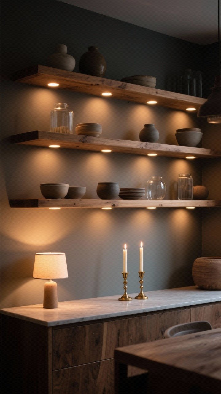 Wide shot, moody evening ambiance: Open shelving wall with layered lighting—warm 2700K LED puck lights glowing under each shelf, a petite lamp on the countertop beneath the shelves casting a soft pool of light, and a pair of unscented taper candles in vintage brass holders ready to light. Natural wood shelves, matte ceramics and glass catching warm highlights. Cozy hygge atmosphere, photorealistic.