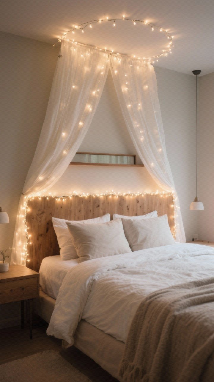 Wide shot of a bedroom with a glowing headboard halo: warm white LED fairy lights woven along the top edge of a wood headboard, plus a faux canopy created by lightweight white fabric pinned from the ceiling with fairy lights tucked into the folds; a narrow picture ledge above the bed hides an additional strand for a floating halo; neutral bedding, soft textures, dimmed ambient light; UL-listed LED look, safe spacing from pillows; romantic, calming vibe.