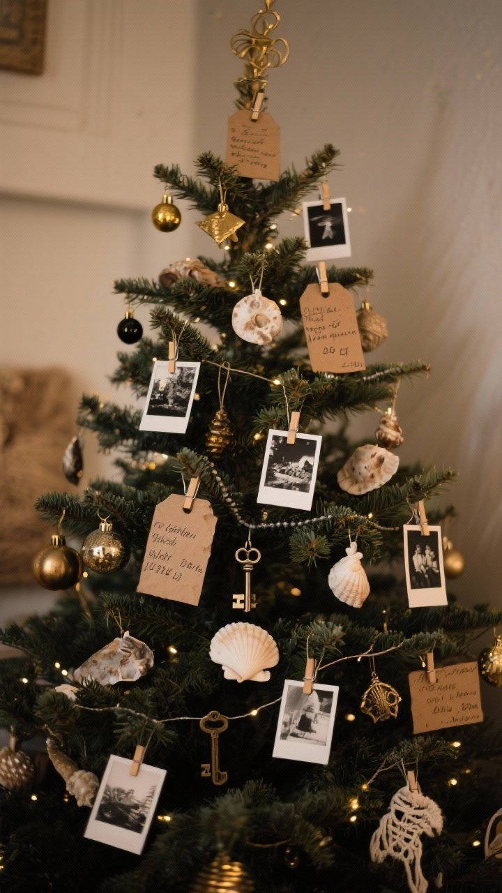 Wide shot of a boho Christmas tree styled with personal stories and small imperfections: tiny black-and-white photo keepsakes clipped with mini brass clips, hand-lettered kraft tags with favorite places and dates, and found objects like shells, vintage keys, and small charms wired as ornaments; asymmetrical, collected placement; warm, dimmed lighting for intimate glow; earthy palette with antique gold accents; photographed straight-on to show the whole tree’s character and lived-in ease, no people.