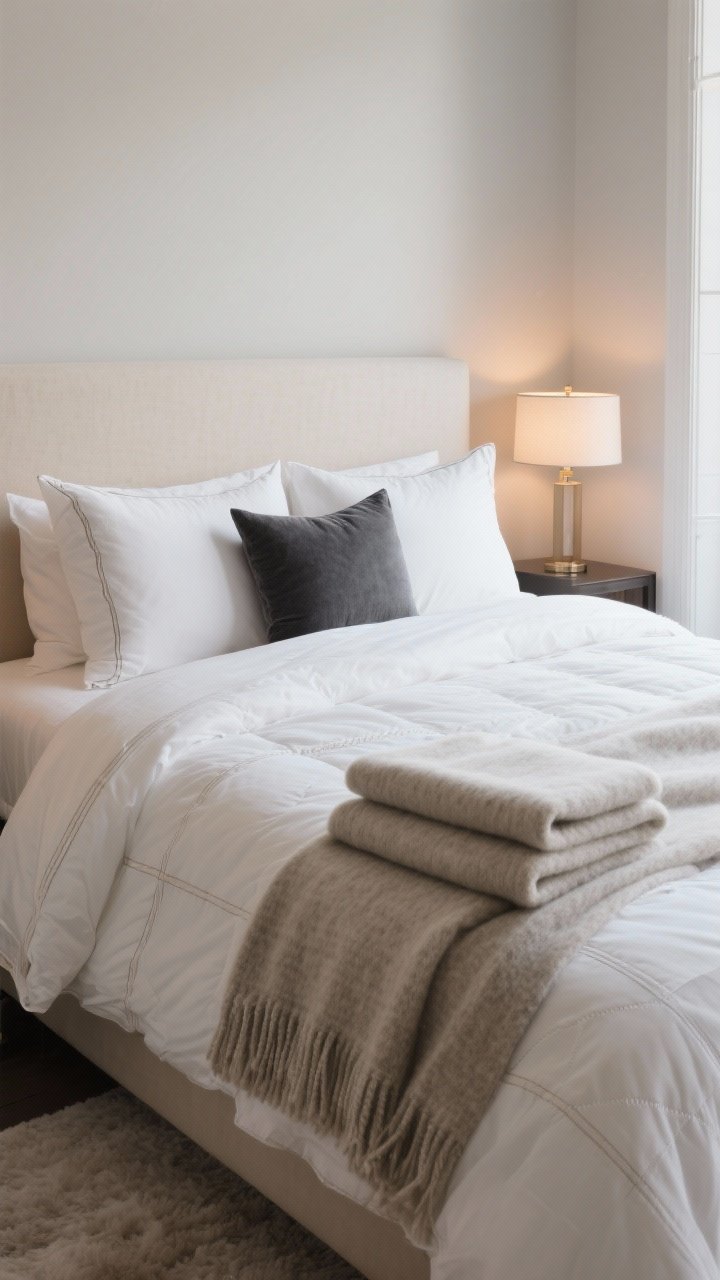 Wide shot of a boutique winter bed: crisp white percale sheets, lightweight quilt layered beneath a lofty duvet, folded wool or cashmere throw at the foot; pillow stack of two euro shams, two standard pillows, and one centered lumbar; calm palette of ivory, mushroom, and charcoal; warm bedside lamp glow for a five-star feel