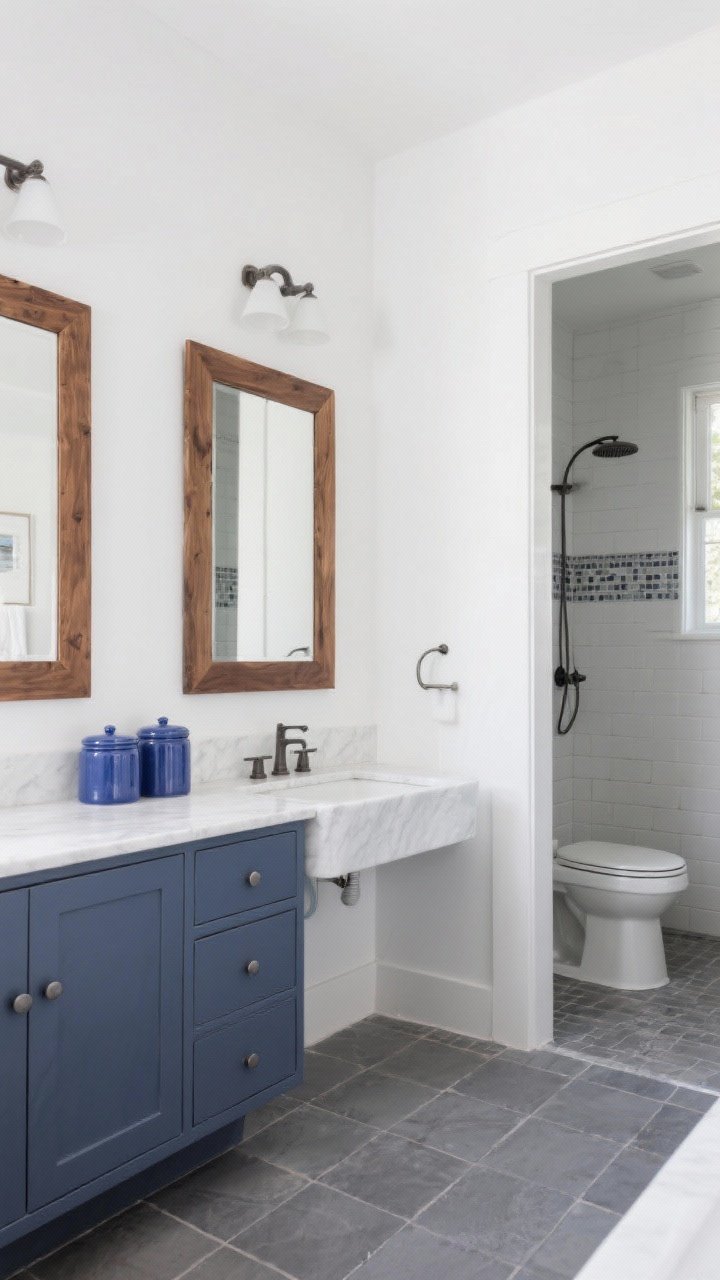 Wide shot of a cool, cozy bathroom: milk white walls, slate gray tile floor and shower surround, a blueberry-colored vanity with simple hardware; blue ceramic canisters on the counter; wood accents like a walnut frame mirror; soft natural light warmed slightly by wood tones to keep it inviting.