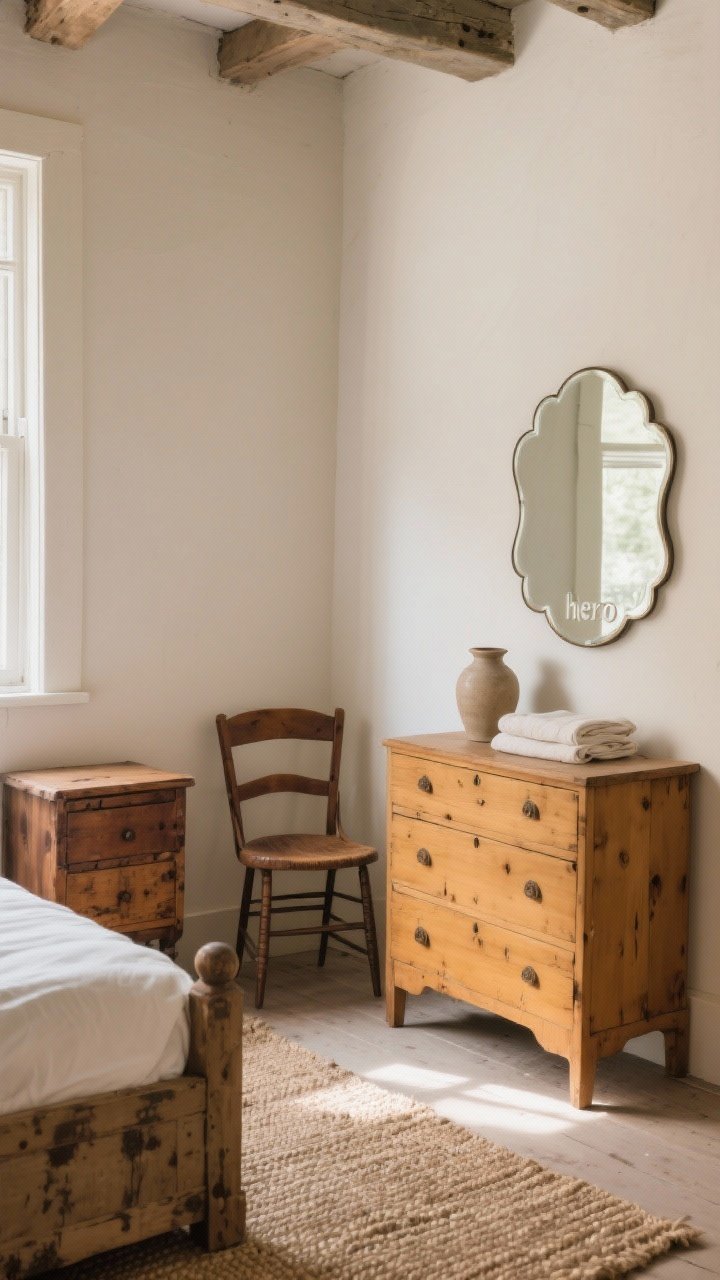 Wide shot of a cottage bedroom corner featuring mismatched antique wood furniture: an oiled oak vintage nightstand with dings and patina, a walnut farmhouse chair, and a honey-toned “hero” piece antique dresser with a scalloped mirror above; neutral walls, woven rug; balanced styling with a simple ceramic vase and folded linens to avoid clutter; soft natural afternoon light
