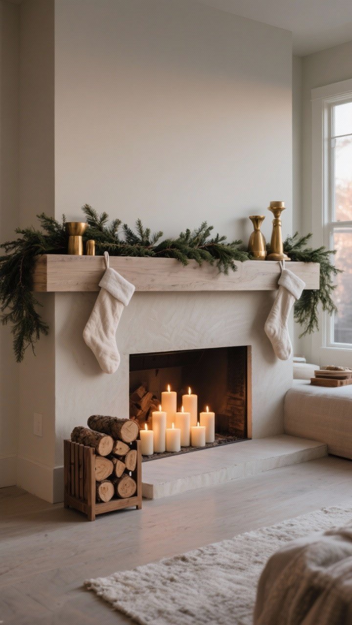 Wide shot of a fireplace as focal point: low, layered mantel with evergreen garland, simple stockings, and a few brass and wood accents; tidy firewood in a log holder; in a non-working firebox, a cluster of pillar candles or LED logs glowing; tight neutral palette with organic shapes; soft evening light emphasizes flicker
