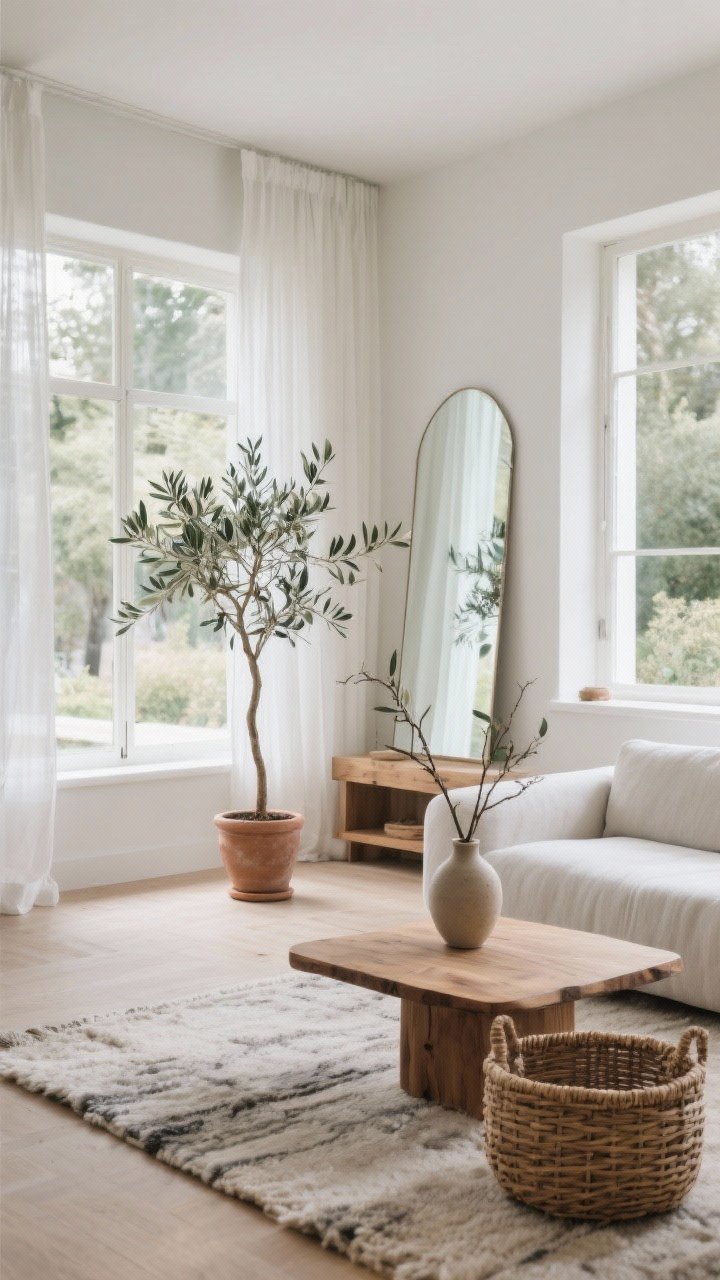 Wide shot of a light-filled living room blurring indoors and outdoors: sheer curtains diffusing daylight, windowsills cleared, a large mirror hung opposite the window to bounce light; organic touches—an olive tree in a clay pot, a tall branch arrangement in a simple ceramic vase, and repeated natural materials like oak coffee table, rattan basket, wool rug; palette of whites, soft greys, and warm wood; crisp, airy atmosphere with nature as the statement.