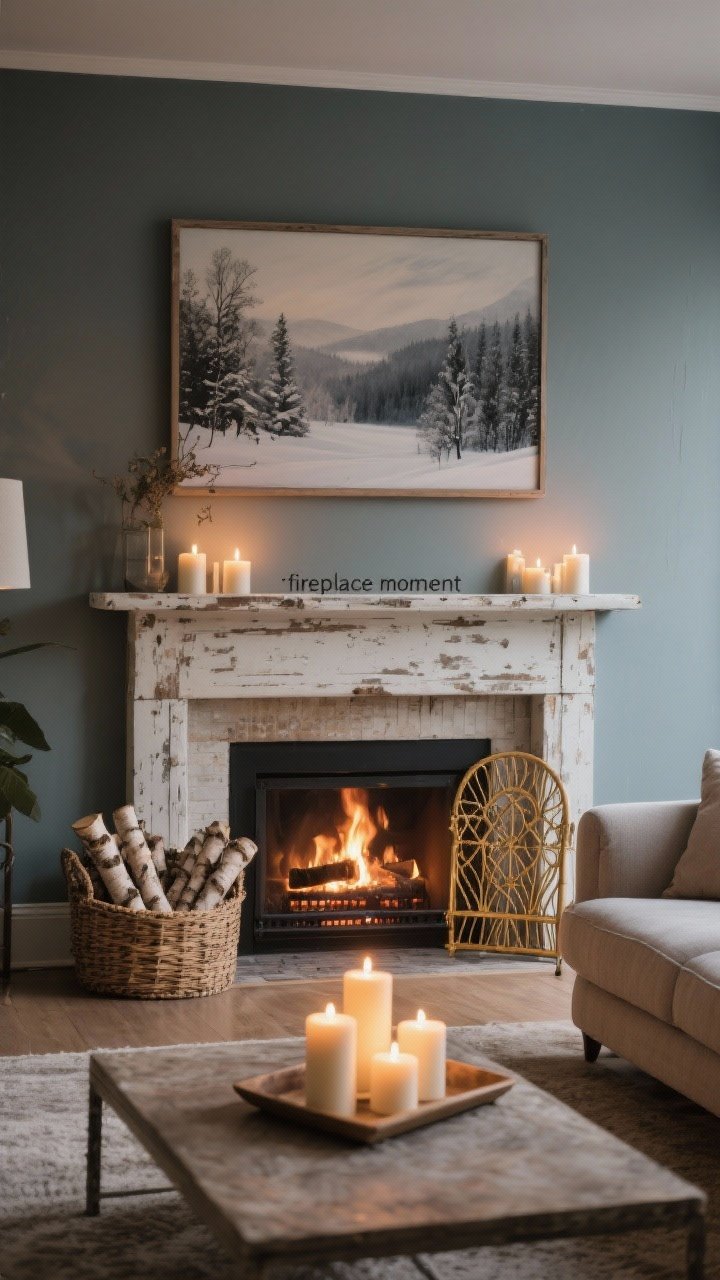 Wide shot of a living room “fireplace moment” without a real fireplace: a thrifted mantel against a painted wall with a moody winter landscape above, an electric fireplace insert glowing softly; a candle cluster of pillar and LED flameless candles arranged on a tray inside the opening, stacked birch logs in a woven basket, and a decorative fireplace screen in front, golden evening light, photorealistic.
