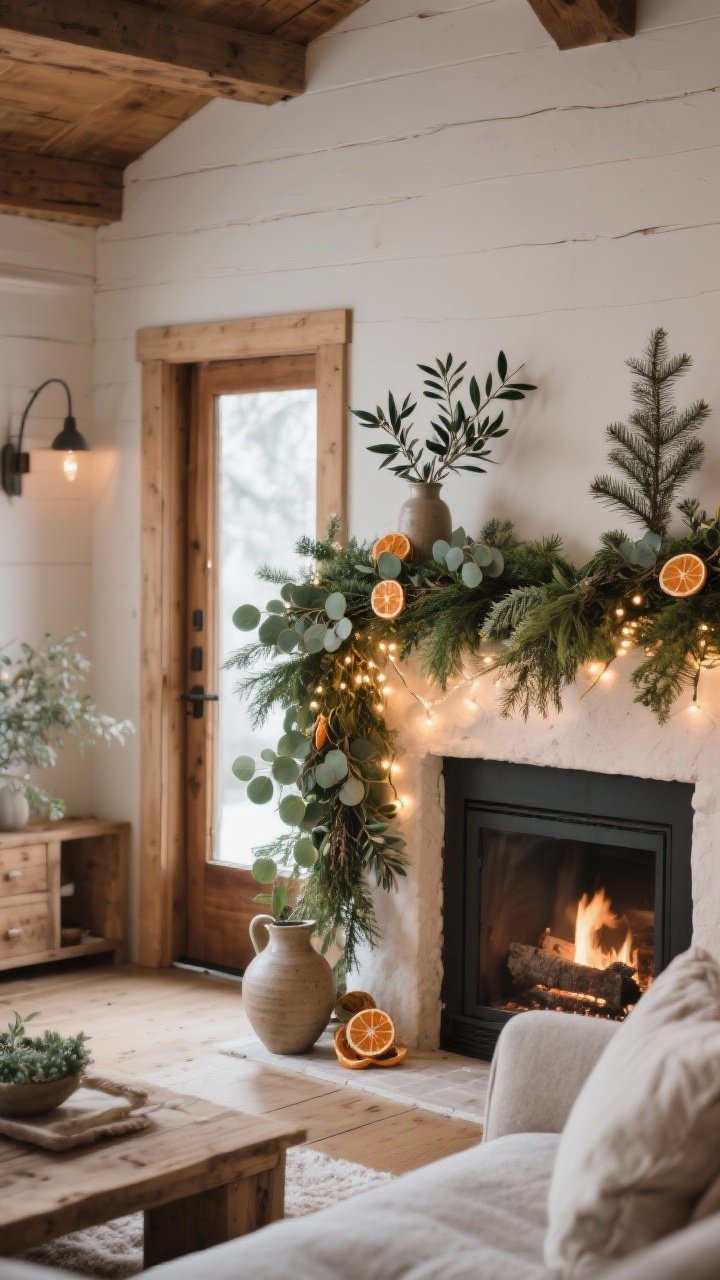 Wide shot of a living room mantel and doorway styled with fresh greenery: a lush garland of eucalyptus, cedar, and pine draped across the mantel and over a doorframe, twinkle lights woven through, and dried orange slices tucked in; olive branches in a ceramic jug; natural wood tones and neutral walls; cozy winter cottage atmosphere with gentle evening lighting