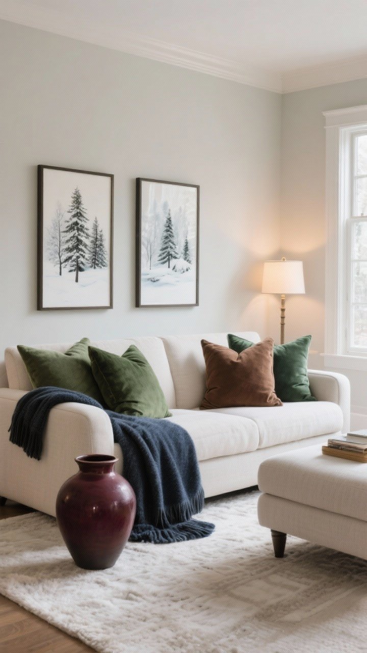 Wide shot of a living room styled as a winter color cocoon: Neutral base in cream, oatmeal, and greige upholstery; nature-inspired accents in forest green, cocoa brown, and stormy blue via throw blankets, pillow covers, and framed wintery art; moodier depth with a merlot ceramic vase and charcoal throw; summer-bright decor removed from sight; soft daylight and warm lamplight blend for a hugged-by-color feel, photorealistic.