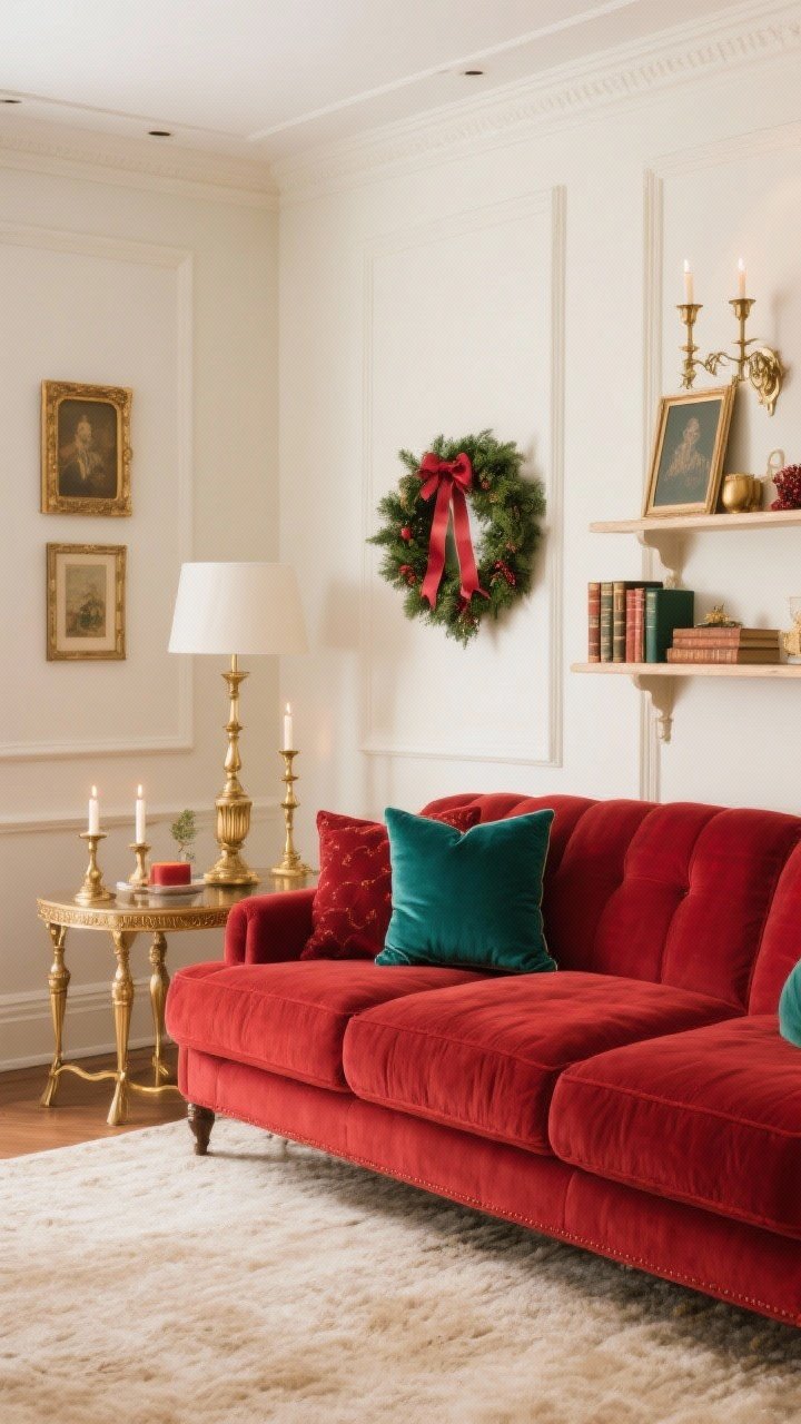 Wide shot of a living room styled in a classic vintage Christmas color palette: deep reds, forest greens, creamy whites, with warm antique gold accents. Neutral anchors like ivory walls and a soft beige rug, brass picture frames and candleholders, pops of vintage teal repeated in a throw pillow, a ribbon on a wreath, and a book spine. Warm, cozy lighting; no blue tones. Photorealistic, straight-on view capturing cohesive color story.