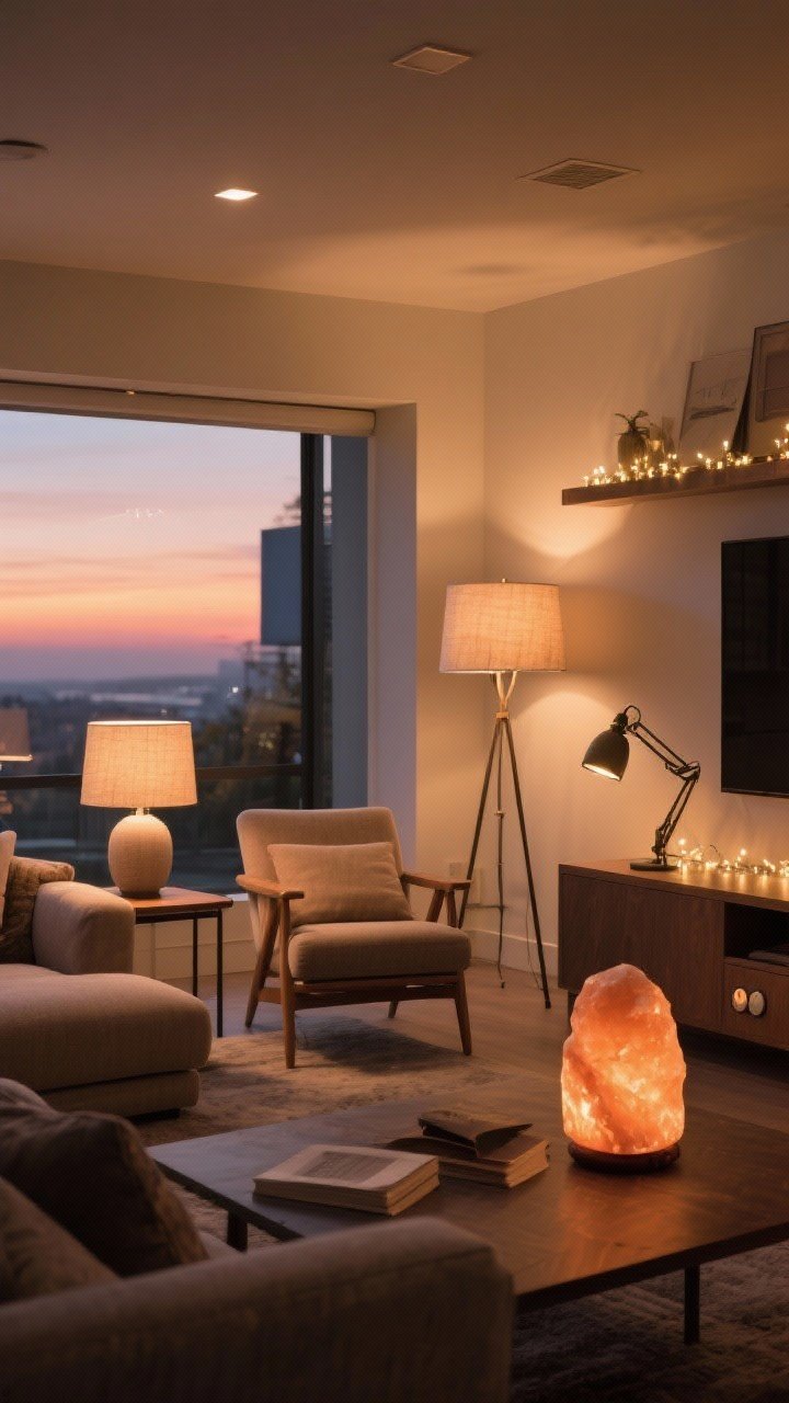 Wide shot of a living room with layered lighting: warm bulbs (2700–3000K) in fabric-shaded table lamps, a dimmed floor lamp for ambient glow, an adjustable task lamp aimed at a reading chair, subtle fairy lights along a shelf, and a Himalayan salt lamp on a console; dimmers engaged for a sunset-like atmosphere; no overhead office lighting; cozy mood emphasized.