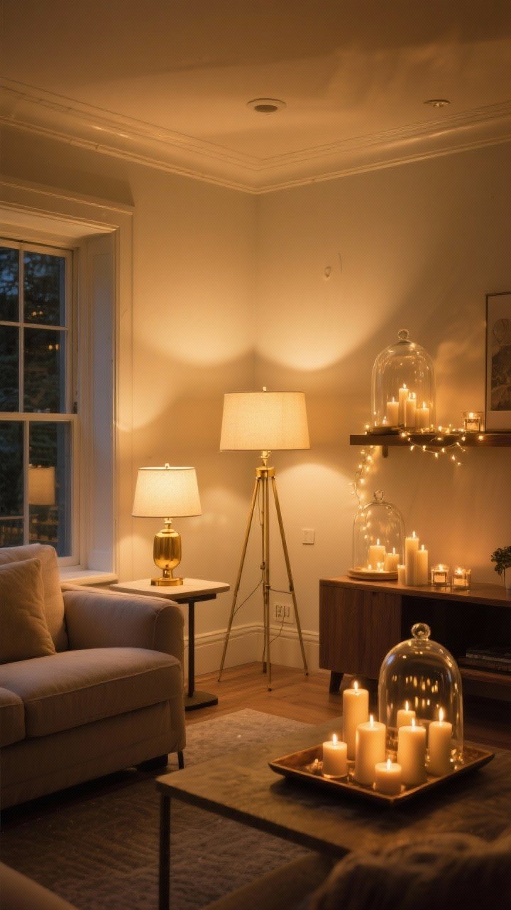 Wide shot of a living room with no overhead lighting: two table lamps with 2700K warm bulbs on side tables, a brass floor lamp aimed at a wall for bounce light, string fairy lights inside a glass cloche on a shelf, and a cluster of pillar candles and tea lights on a tray; overall low, layered golden glow that flatters the space, dimmers implied, cozy evening ambiance