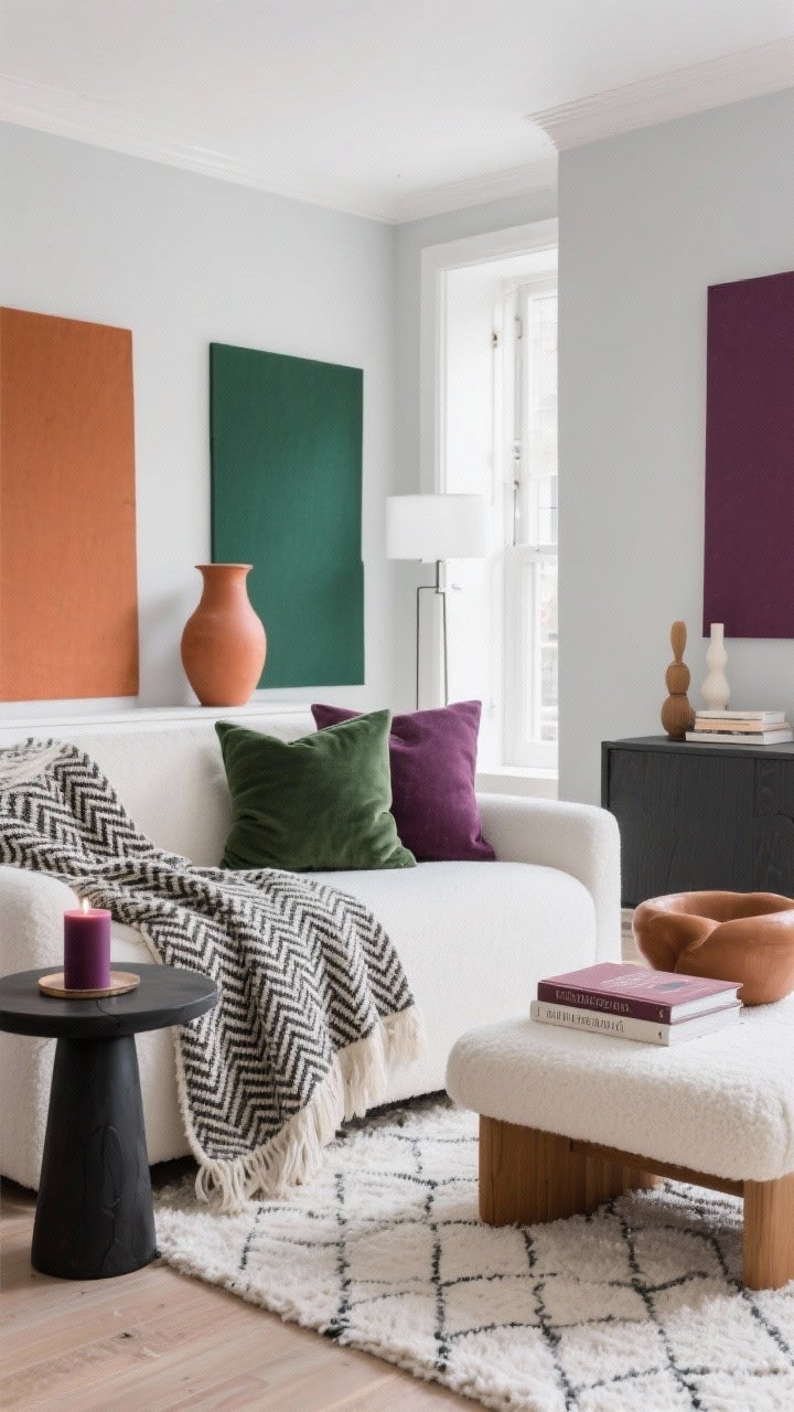 Wide shot of a living space showcasing a curated winter color palette: off-white/greige walls as base, accents repeated three times in terracotta, forest green, and plum (e.g., a terracotta vase, forest green pillow and throw, plum candle and book cover); subtle patterns like herringbone and check on a throw and small rug; creamy whites and caramel accessories; charcoal touches in a side table; bright yet warm tone; straight-on view, photorealistic.