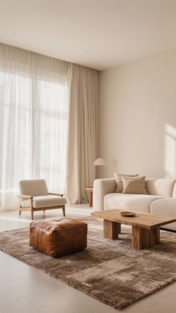 Wide shot of a monochrome living room palette: warm beige base with layered tones—cream curtains, taupe area rug, caramel leather ottoman, and natural wood coffee table; subtle variations across textiles and finishes; daylight showing how color shifts across walls at different angles; overall calm, cohesive mood with no bold accents.