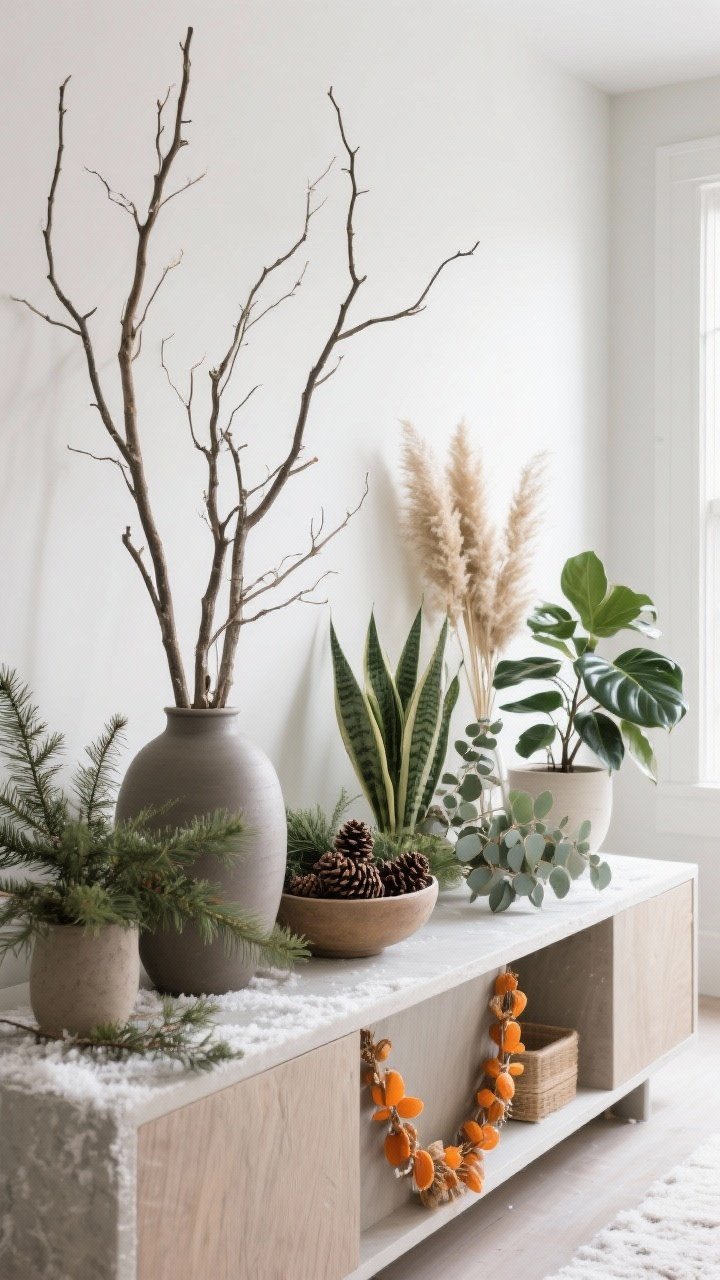 Wide shot of a nature-forward winter console: Tall bare branches in a large matte ceramic vase provide height and drama; evergreen sprigs mixed with pinecones arranged in a shallow bowl; low-maintenance houseplants—snake plant, ZZ plant, and rubber plant—grouped for sculptural greenery; dried botanicals like pampas, eucalyptus, and a dried orange garland add seasonal aroma; soft daylight, no frost, photorealistic.