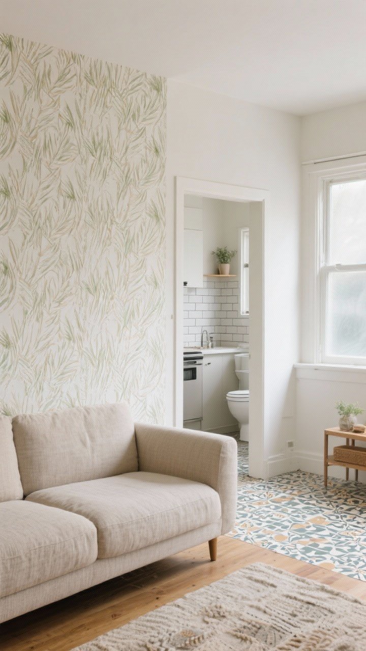 Wide shot of a rental-friendly makeover: a living room with a textured peel-and-stick wallpaper accent wall behind a sofa in a linen-look grasscloth pattern, matte white peel-and-stick subway tile backsplash visible in an open kitchen beyond, patterned peel-and-stick floor tiles in a small bathroom nook off to the side, and frosted window film on nearby windows diffusing light. Keep patterns soft and organic with earthy boho zellige vibes, neutral sand and sage tones. Daylight glow, clean lines, no people, photorealistic, straight-on architectural view.