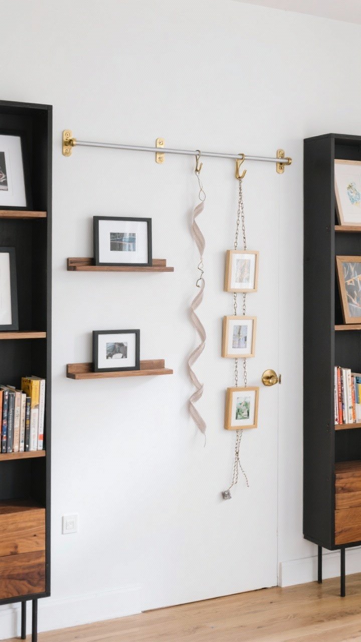 Wide shot of a renters’ rail setup: a white wall with removable Command picture ledges holding layered frames of different heights, a tension-rod rail nestled between two bookcases with ribbons and small chains clipping lightweight art, and an over-the-door hook suspending a vertical row of frames via a long ribbon; clean, modern styling with black, warm wood, and brass details; bright, even daylight; emphasize flexibility and no-drill solutions.