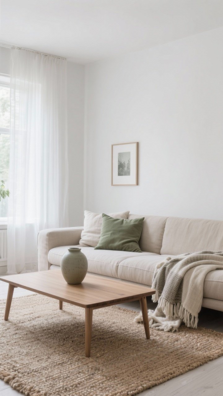 Wide shot of a Scandi living room with a calm neutral base: matte white walls, a medium-tone beige linen sofa, and a natural oak coffee table; layered textures—wool throw, linen pillows, a jute rug; a single accent tone of sage repeated in a ceramic vase, a cushion, and a small framed print; soft, diffused daylight through sheer light-filtering curtains; palette inspired by nature, gentle greys and beiges, warm and inviting rather than sterile.
