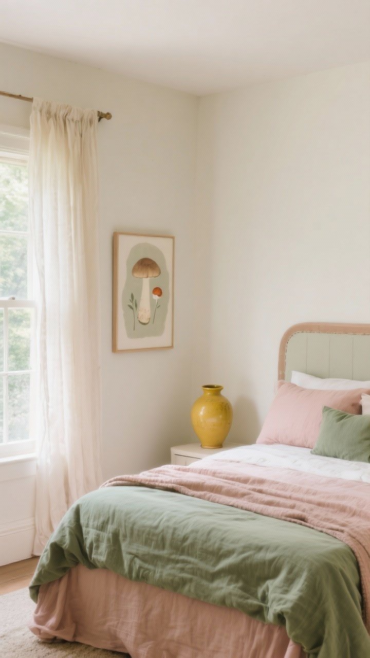 Wide shot of a serene cottagecore bedroom painted in a soft cream eggshell finish, with a nature-first color story: muted sage green accents, dusty rose textiles, butter yellow ceramic vase, and soft mushroom-toned artwork; bedding in blush and sage repeats the palette, pale clay-painted trim, matte walls catching soft afternoon light through gauzy curtains; calm, photorealistic, no people.