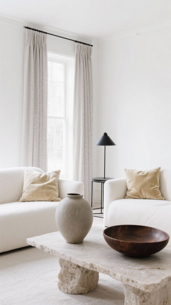 Wide shot of a serene living room in a winter-white palette: spectrum of warm whites with ivory walls, cream sofa, greige drapes; matte ceramic vase on a stone coffee table paired with buttery satin and velvet cushions; a dark walnut bowl and a black metal table lamp as anchoring contrast; diffused daylight for a cozy, not sterile, feel; clean, minimal styling