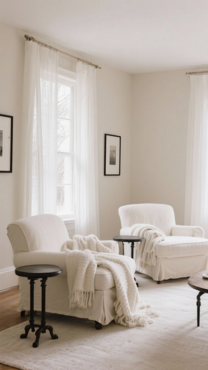 Wide shot of a serene sitting room bathed in winter whites: slipcovered armchairs in creamy off-white, layered ivory wool blankets, sheer curtains filtering pale winter light, walls in a warm matte ecru paint; balanced with dark iron side table legs and matte black picture frames; soft, low-contrast lighting for a gentle glow; clean, calm mood with subtle putty and pale mushroom tones.