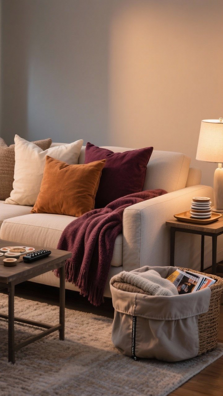 Wide shot of a sofa styled for hibernation: three to five pillows in mixed sizes within a cohesive palette (cream, caramel, deep berry), one throw draped over the arm and another folded along the back for support; side table with stacked coasters, a small tray for remotes, and a soft lamp within reach; nearby lidded basket with extra throws and magazines; washable slipcovers indicated by subtle zipper seams; warm evening lighting; straight-on view, photorealistic.