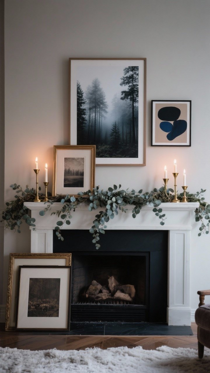 Wide shot of a statement mantel and art swap: above-mantel artwork featuring an atmospheric misty forest print flanked by a smaller abstract in ink black, indigo, and taupe; mantel styled with layered frames, brass candlesticks, and a eucalyptus garland arranged in odd numbers; moody winter lighting with candle glow.