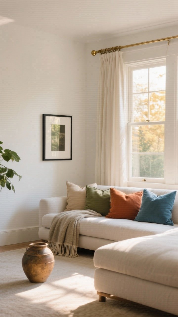 Wide shot of a sunlit living room emphasizing a calm color story that loves natural light: walls painted a warm white with subtle greige undertone; accents in sage, oat, terracotta, and muted blue via cushions, a throw, and pottery; aged brass curtain rod and matte black picture frame for grounded metal finishes; large window with 3 p.m. sun casting warm highlights, showing how paint shifts with light; minimal decor and breathable negative space; photorealistic, corner angle.