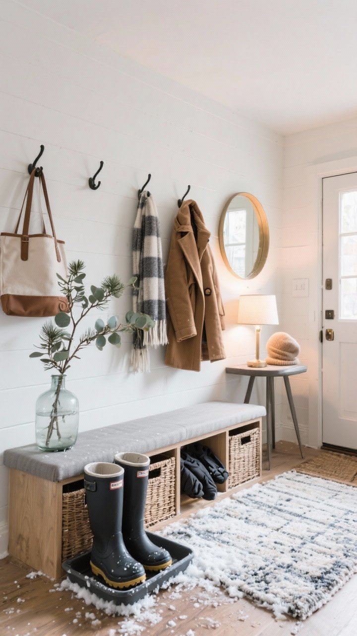 Wide shot of a winter-ready entryway: a boot tray with wet-weather boots and a washable rug containing slush, wall hooks at multiple heights holding coats above and scarves/totes below, a bench with closed basket cubbies for gloves and hats, and a round mirror above a small table with a lamp or sconce providing soft welcome light. A minimalist vase with a seasonal branch (eucalyptus or pine) adds a fresh, chic touch. Bright but warm entry lighting, tidy and inviting.
