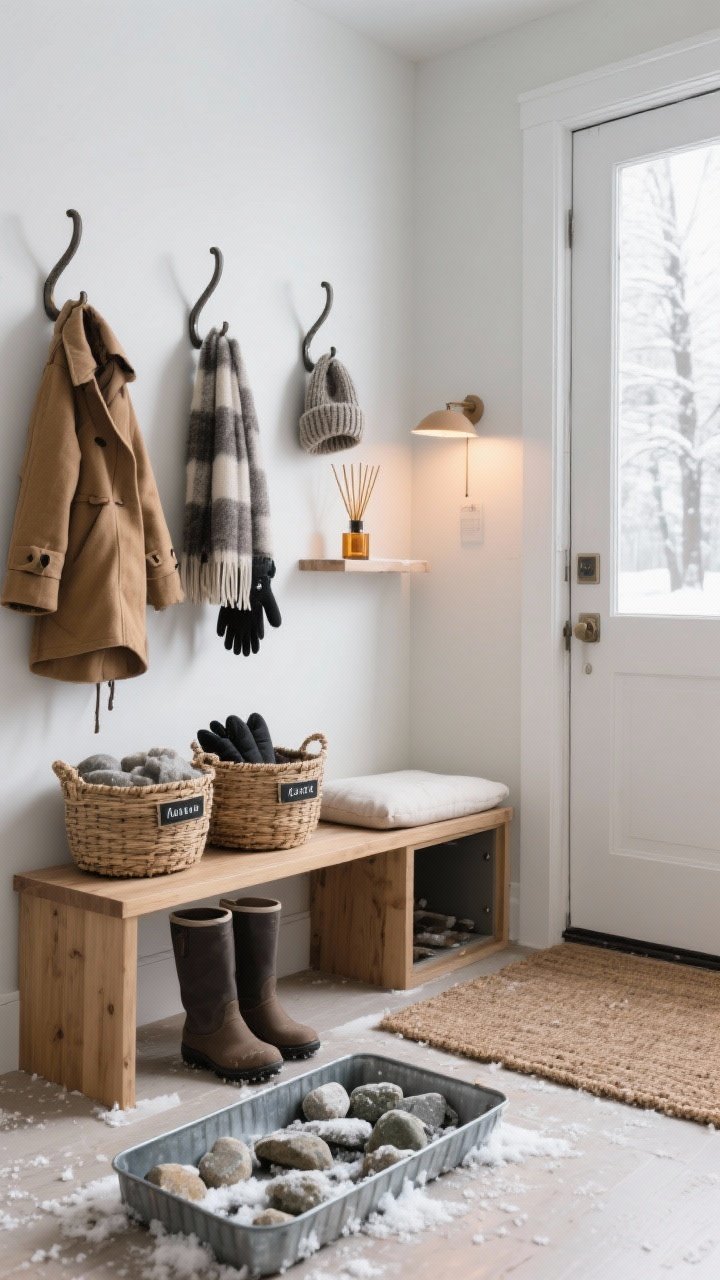 Wide shot of a winter-ready entryway: a metal boot tray with river rocks catching slush beside a coir mat, oversized wall hooks holding coats and knit hats, two labeled baskets—one for scarves, one for gloves—under a simple wood bench with a washable cushion and hidden storage; a reed diffuser on a small shelf suggesting cedar/amber scent, cool daylight with warm accent lamp, photorealistic.